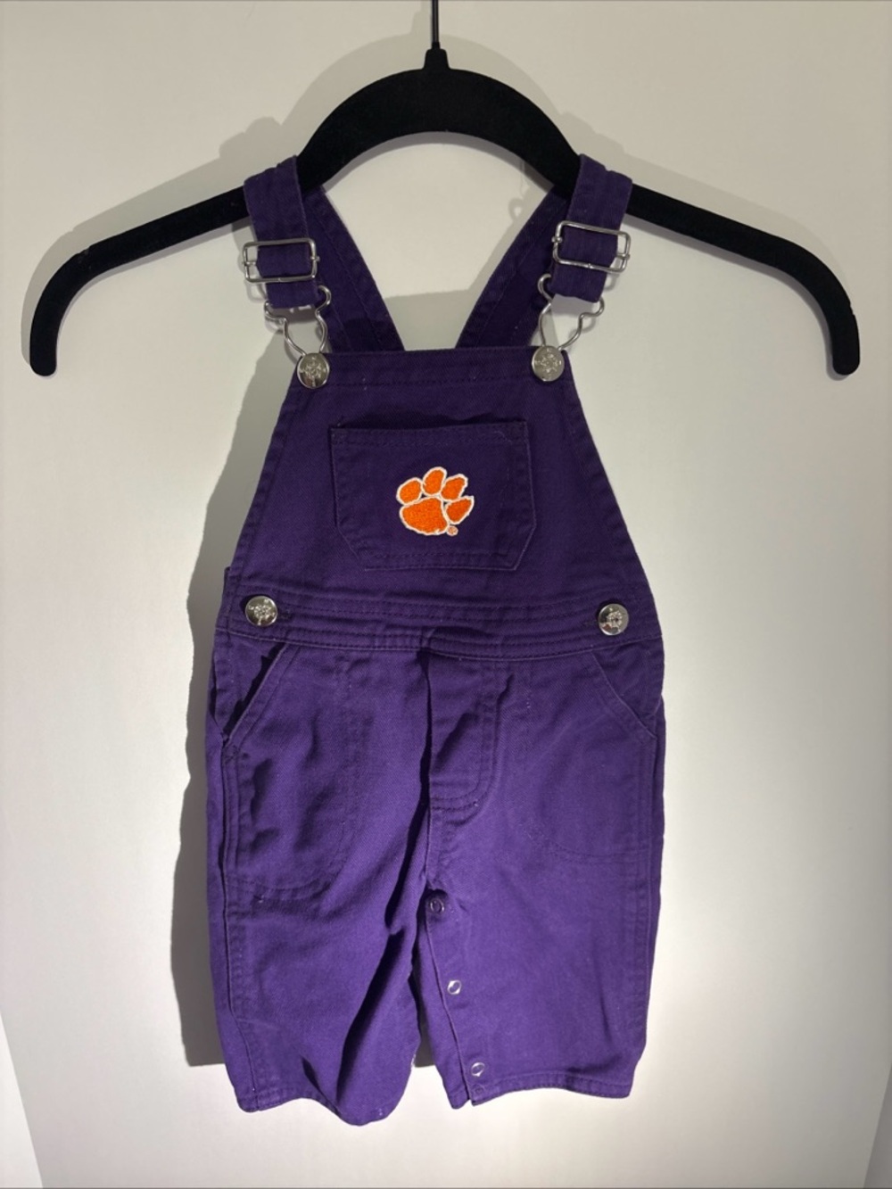 3-6months Purple Clemson Overalls with logo Patch